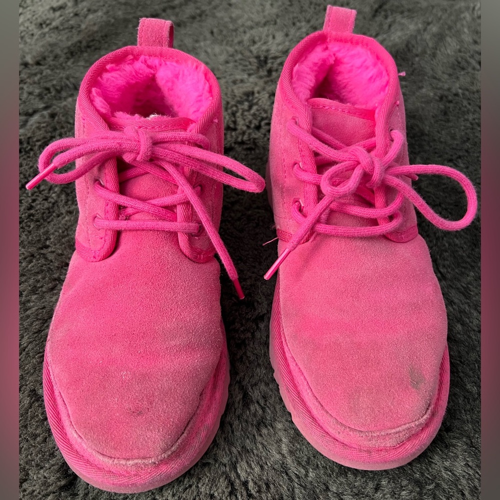 UGG Bright Pink Fur Lace Up Boots Women Size 6